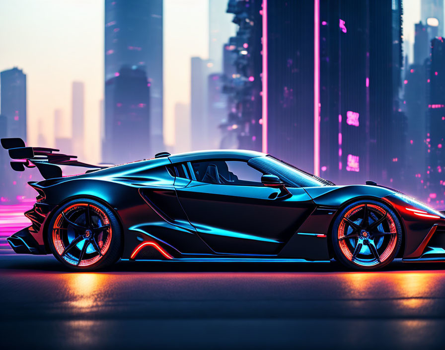 Futuristic black sports car with neon blue accents in city setting