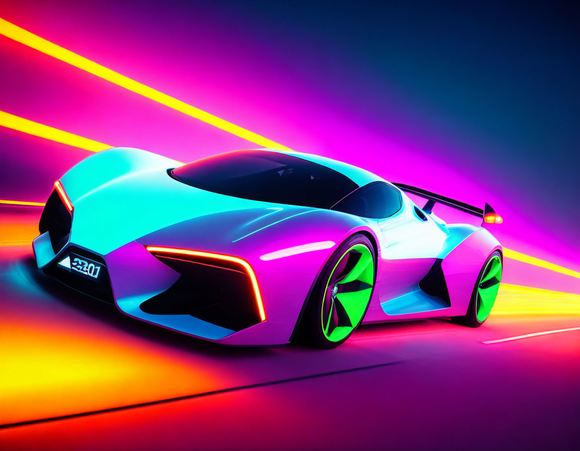 Futuristic neon-lit car on dynamic pink and blue background