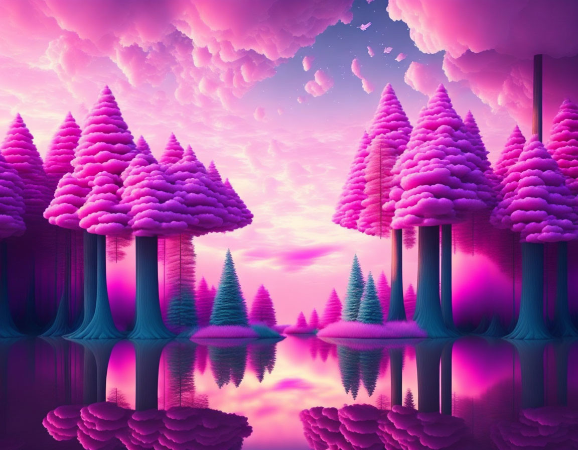 Vibrant surreal landscape with purple and pink hues and fluffy-topped trees reflected on water.