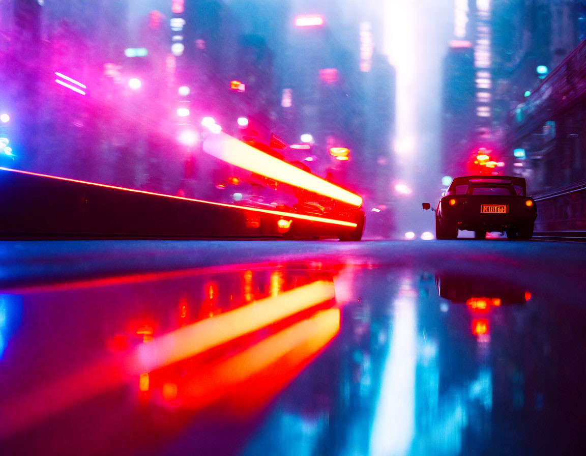 Vibrant neon-lit city street at night with motion blur and reflections