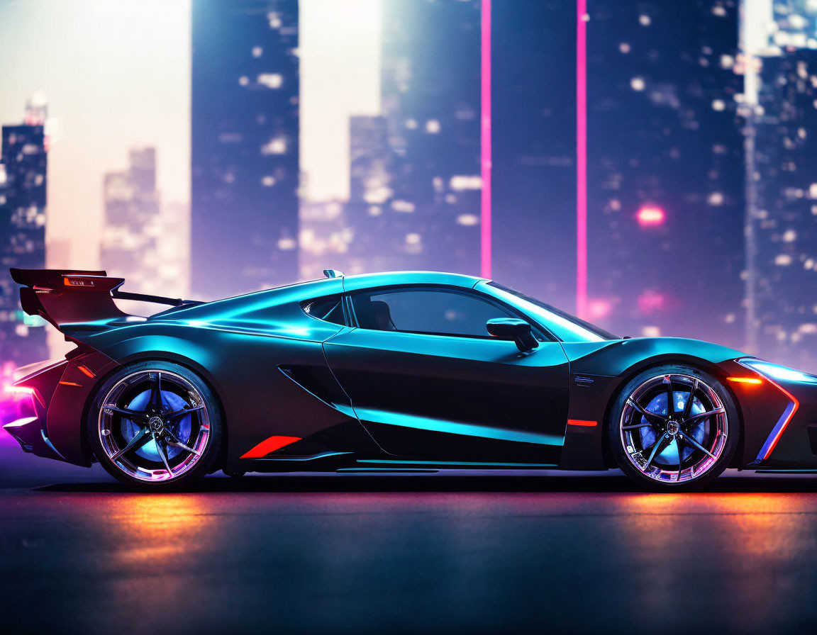 Dynamic Design Sports Car Against Neon Cityscape Backdrop