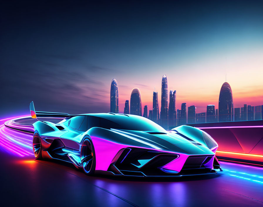 Neon-accented futuristic sports car on light-traced road at dusk