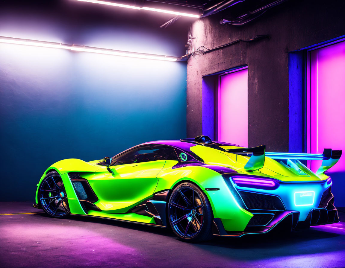 Vibrant neon green sports car with blue accents in dark room with purple and pink lights