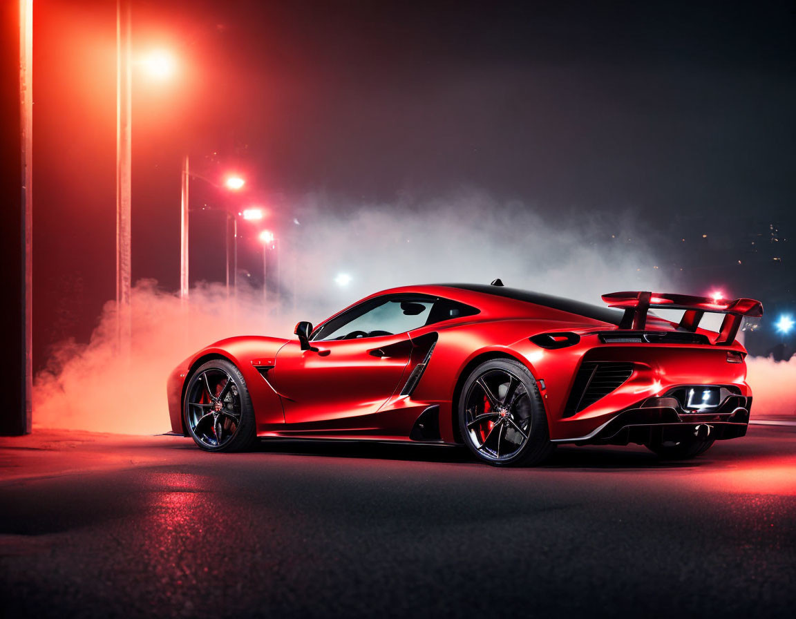 Red sports car parked at night under illuminated street lights in misty background