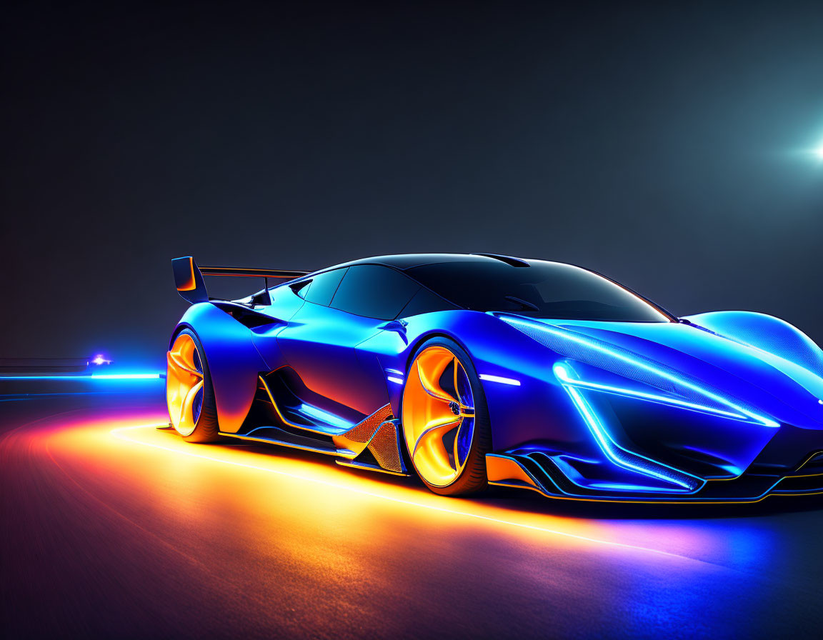 Futuristic blue sports car with glowing orange wheels on dark track