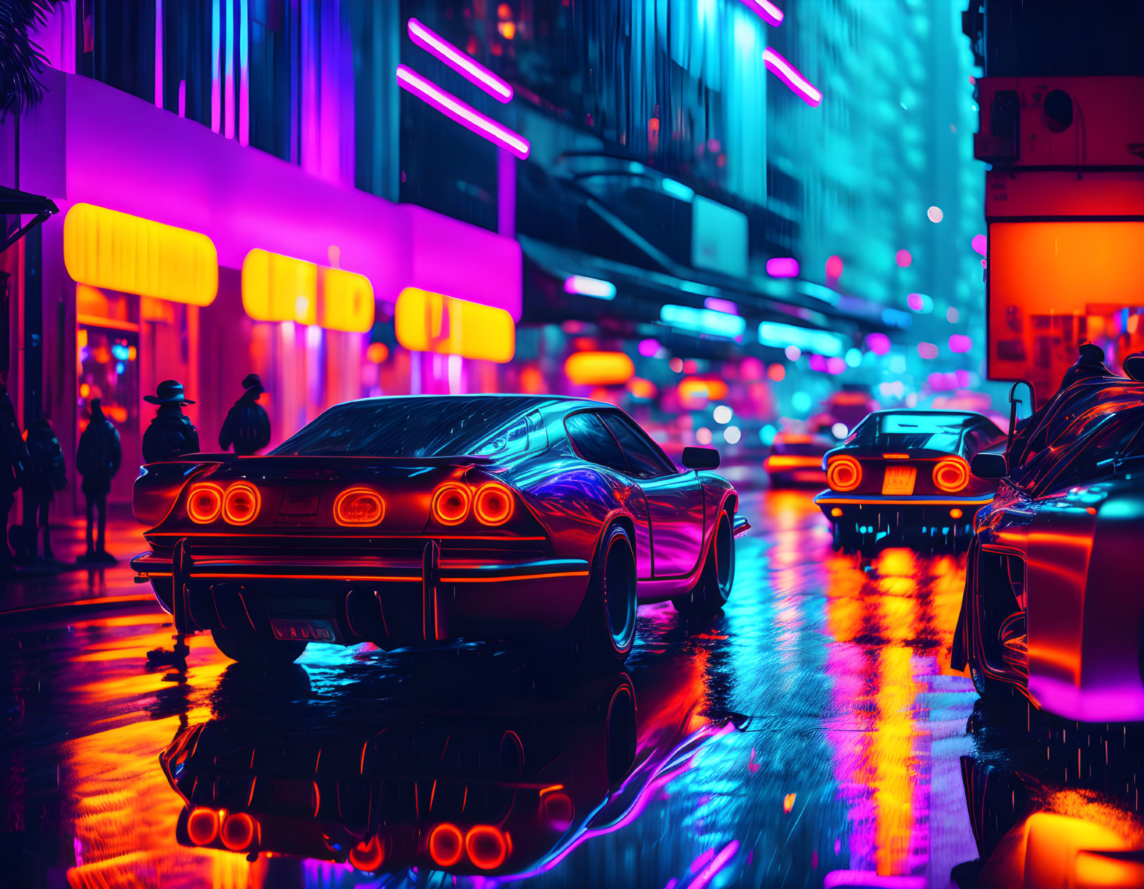 Vibrant urban night scene with neon-lit street, pedestrians, and futuristic cars