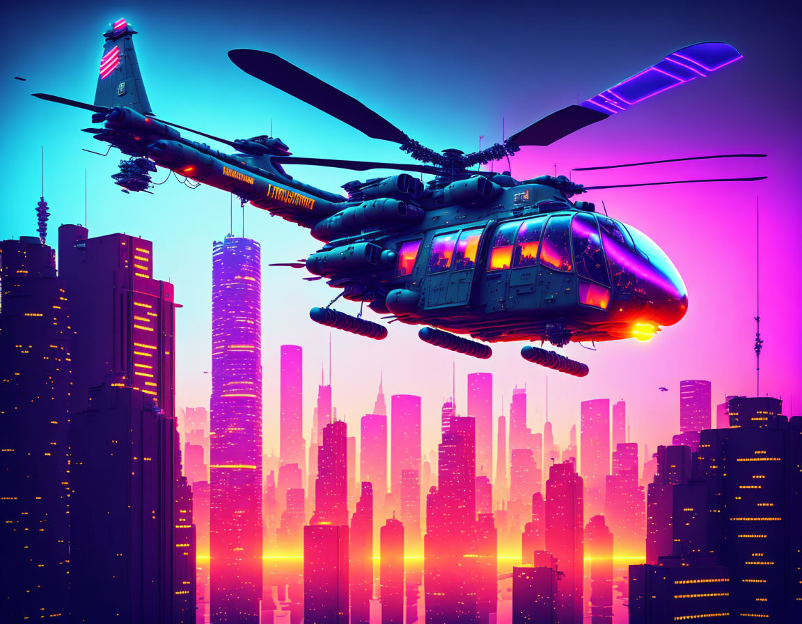 Detailed futuristic cityscape with skyscrapers and military helicopter at sunset