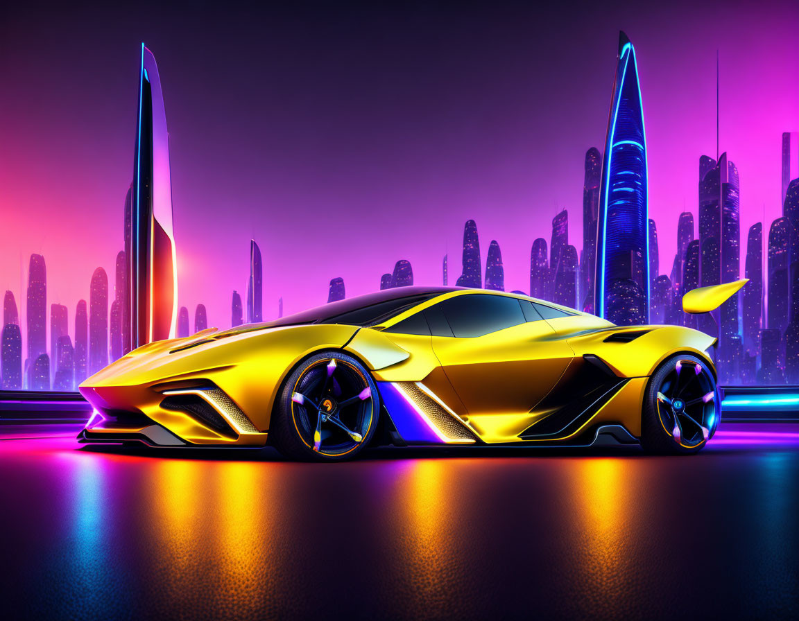 Yellow futuristic sports car parked in neon-lit cityscape at dusk