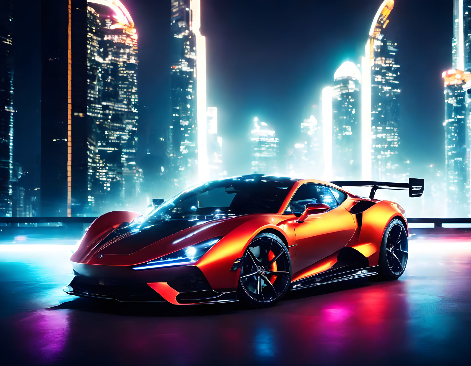 Red Sports Car with Black Accents and Rear Spoiler in Neon-Lit Night Cityscape