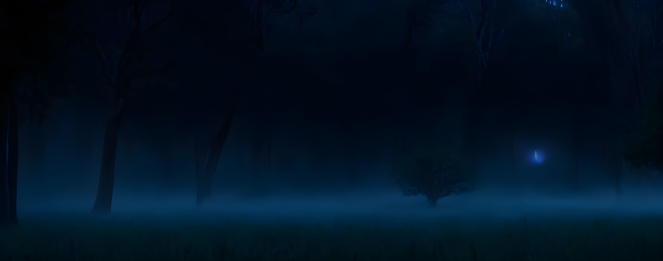 Foggy forest night scene with eerie silhouettes under dark blue sky