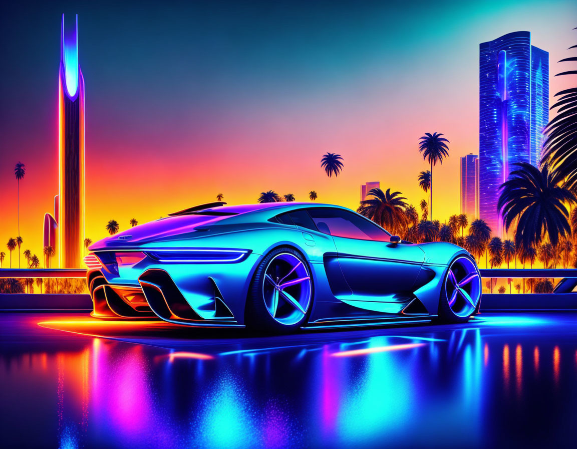 Futuristic cityscape with neon lights, palm trees, and concept car at sunset