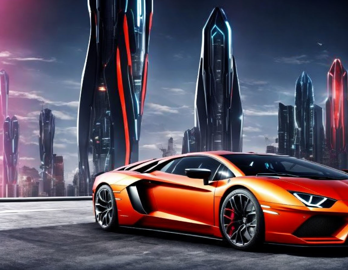 Orange Sports Car in Front of Futuristic Skyscrapers and Reddish Sky