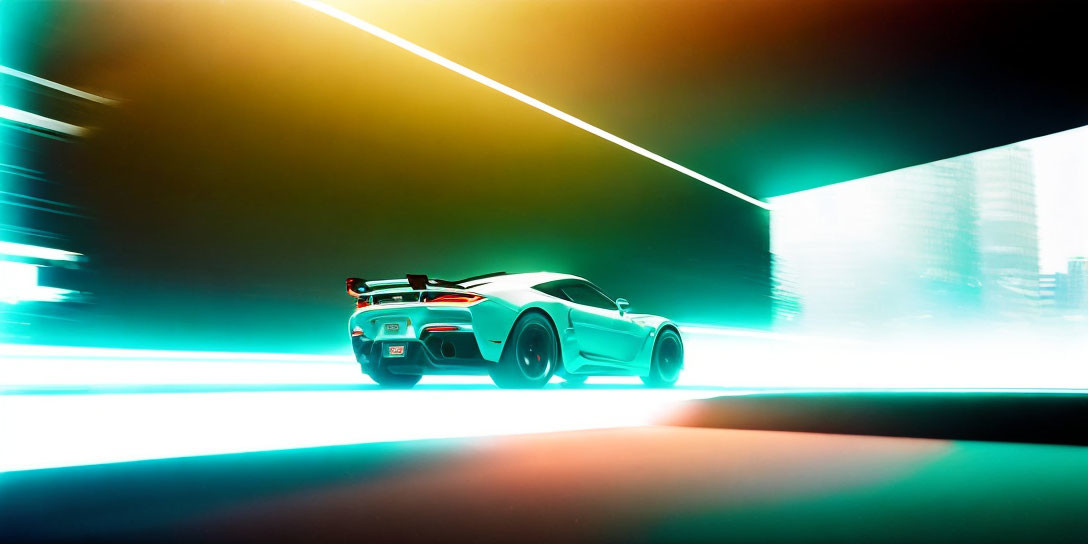 Speeding Sports Car in Neon-Lit Tunnel with Motion Blur