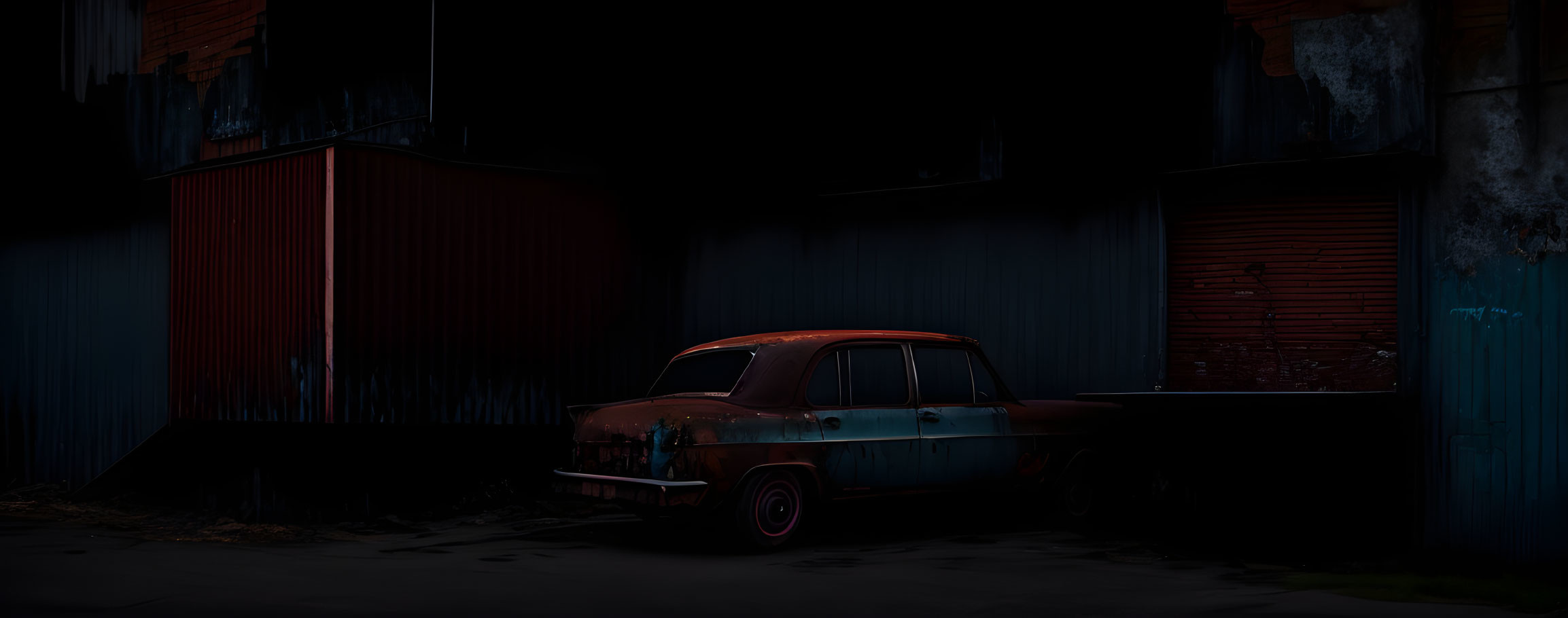 Rusty car in neglected area with red container