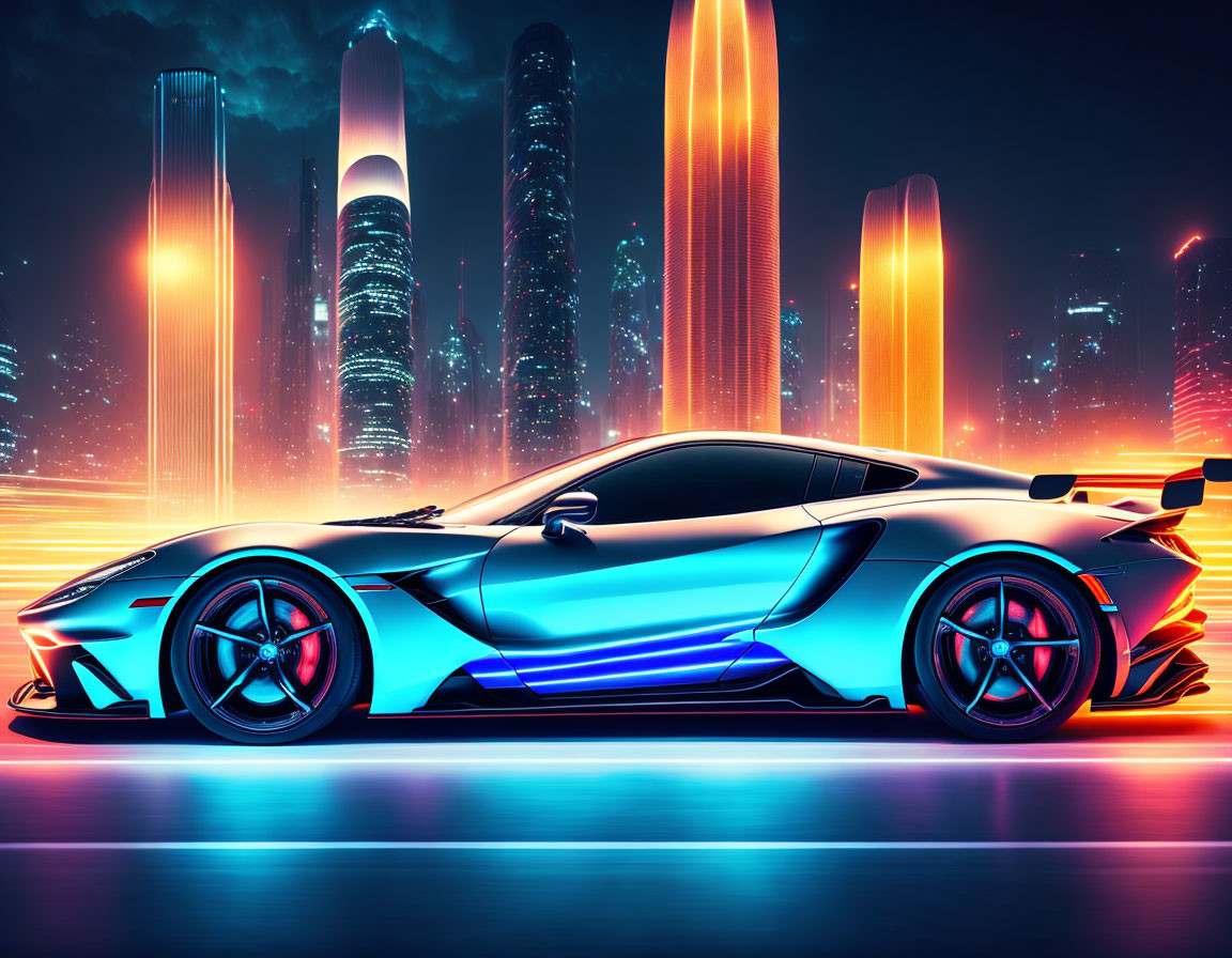 Sleek sports car with blue lighting against futuristic cityscape