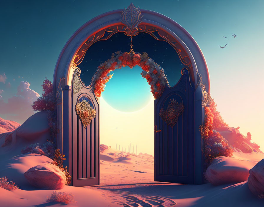 Tranquil desert scene with ornate double door and sunset view