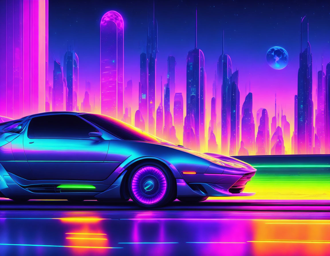 Neon-lit futuristic cityscape with skyscrapers, sports car, planets, pink and blue