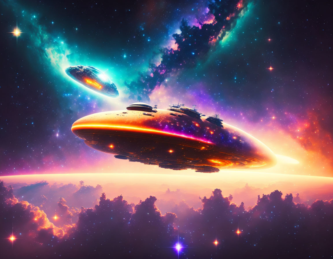 Colorful Space Scene with Detailed UFO Against Fiery Horizon