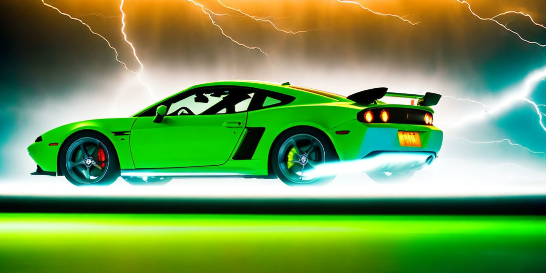 Vibrant green sports car with rear spoiler and lightning bolts in background