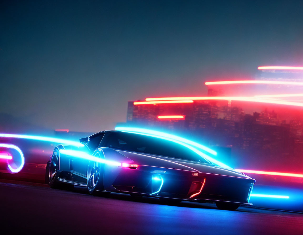 Sleek sports car with neon blue underglow in futuristic cityscape at night