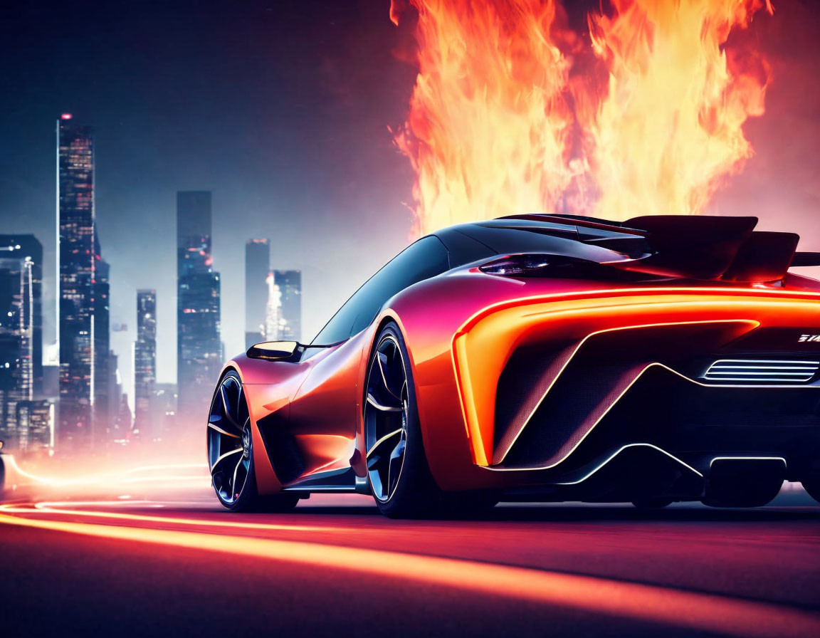 Red Sports Car with Flame Effects in Futuristic City Setting