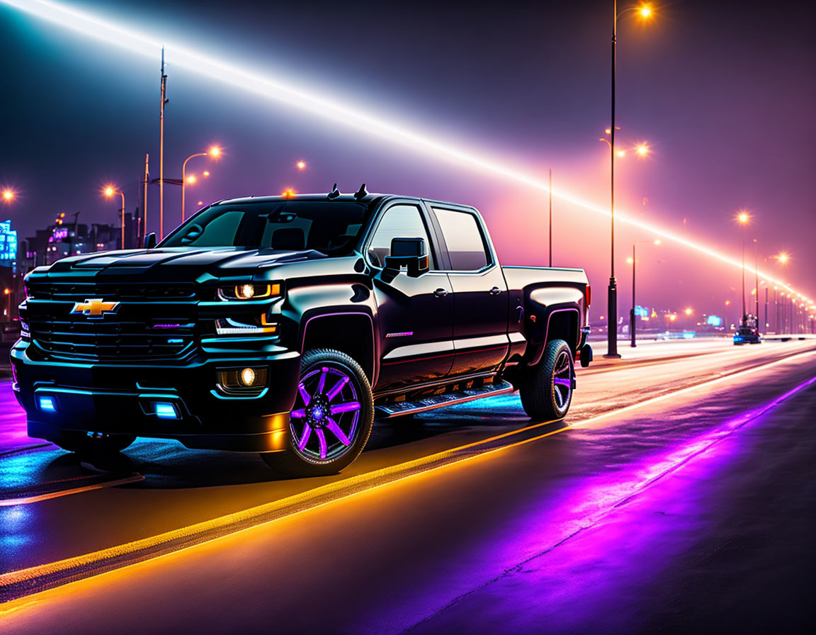 Black Pickup Truck with Purple Underglow in Neon-Lit City Street