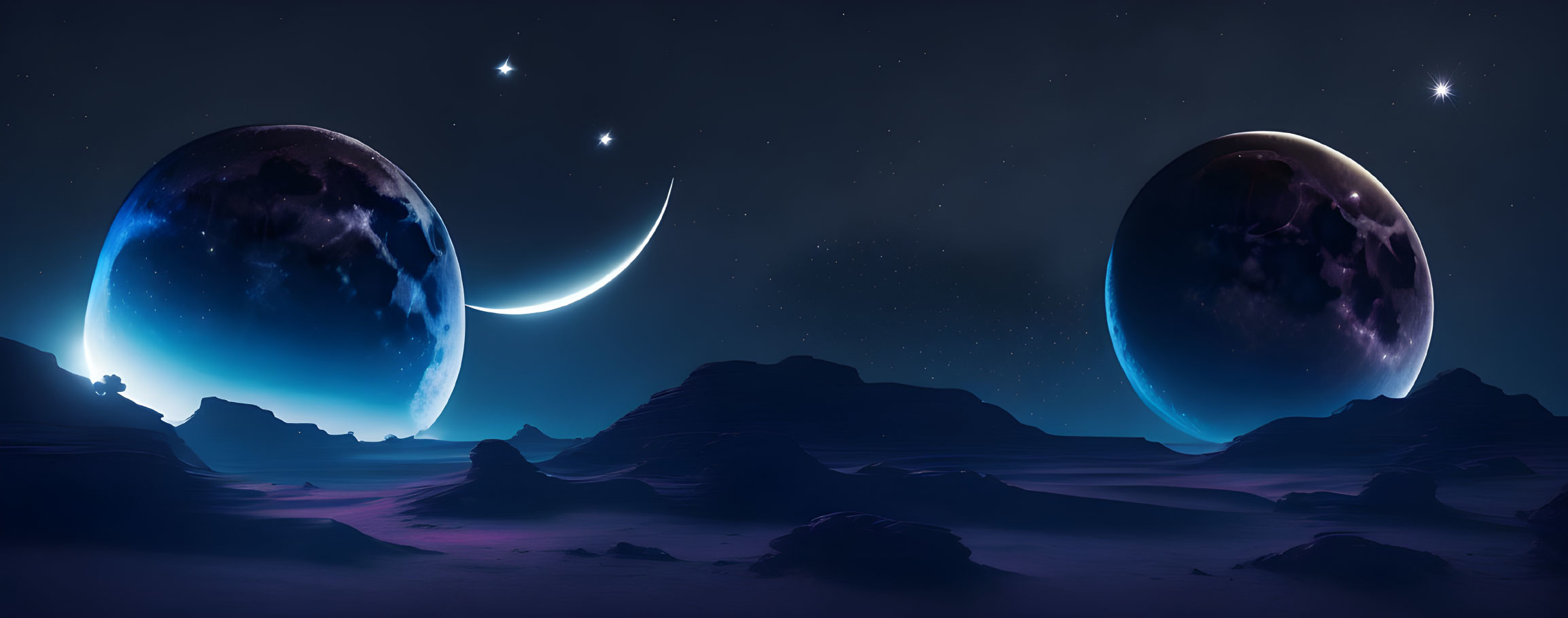 Surreal night landscape with two moons over dark desert