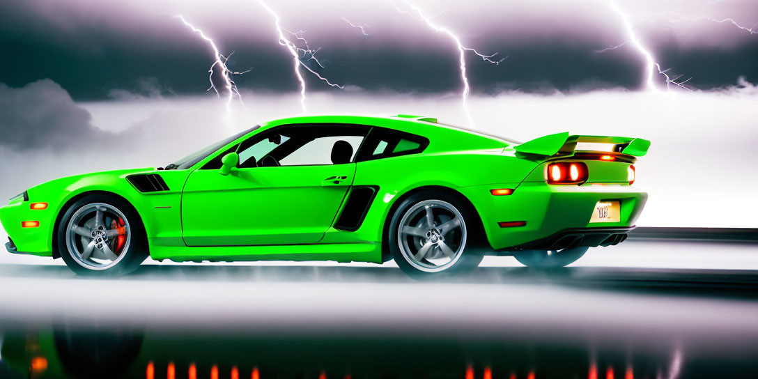 Vibrant green sports car with lightning bolts in background