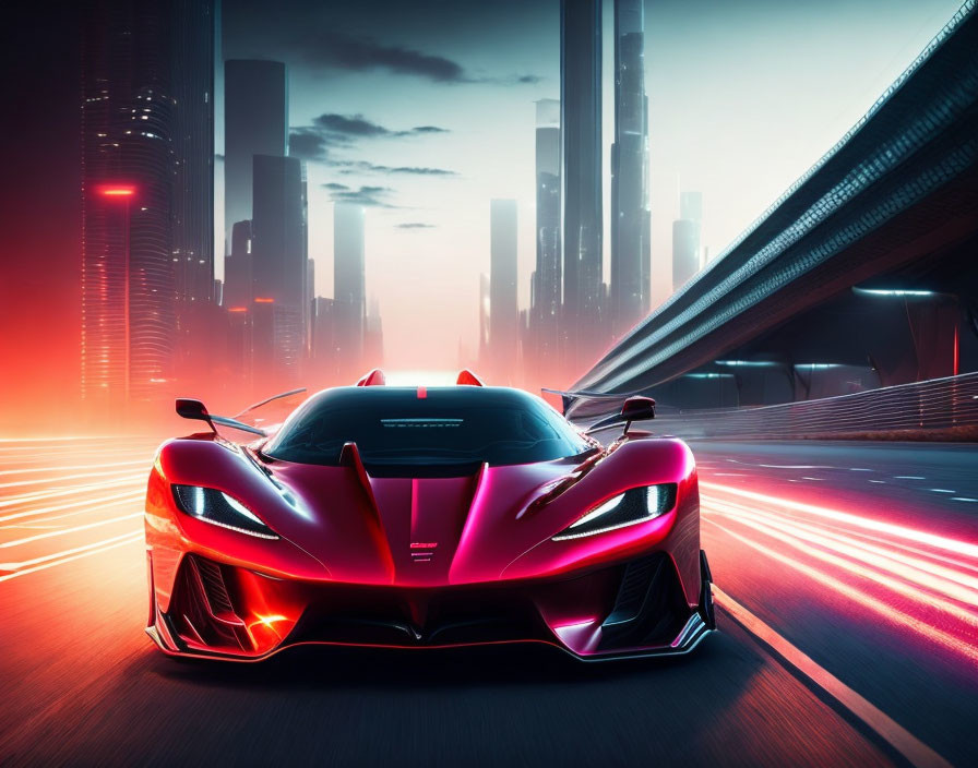 Red sports car racing through futuristic city with neon lights and skyscrapers at dusk