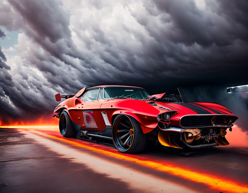 Vintage Red Sports Car with White Stripes and Flames in Stormy Sky