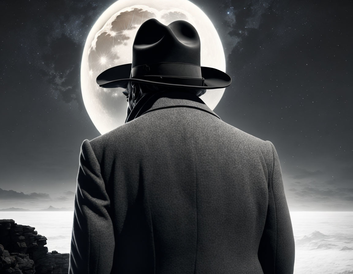 Silhouette of person in fedora hat under massive moon in dark sky