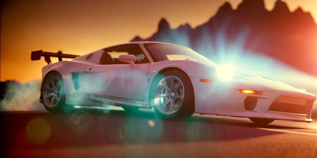 White Sports Car Toy Model with Rear Spoiler in Dramatic Lighting against Mountain Backdrop