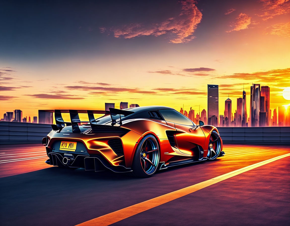 Orange Sports Car Parked on Empty Road at Sunset with City Skyline