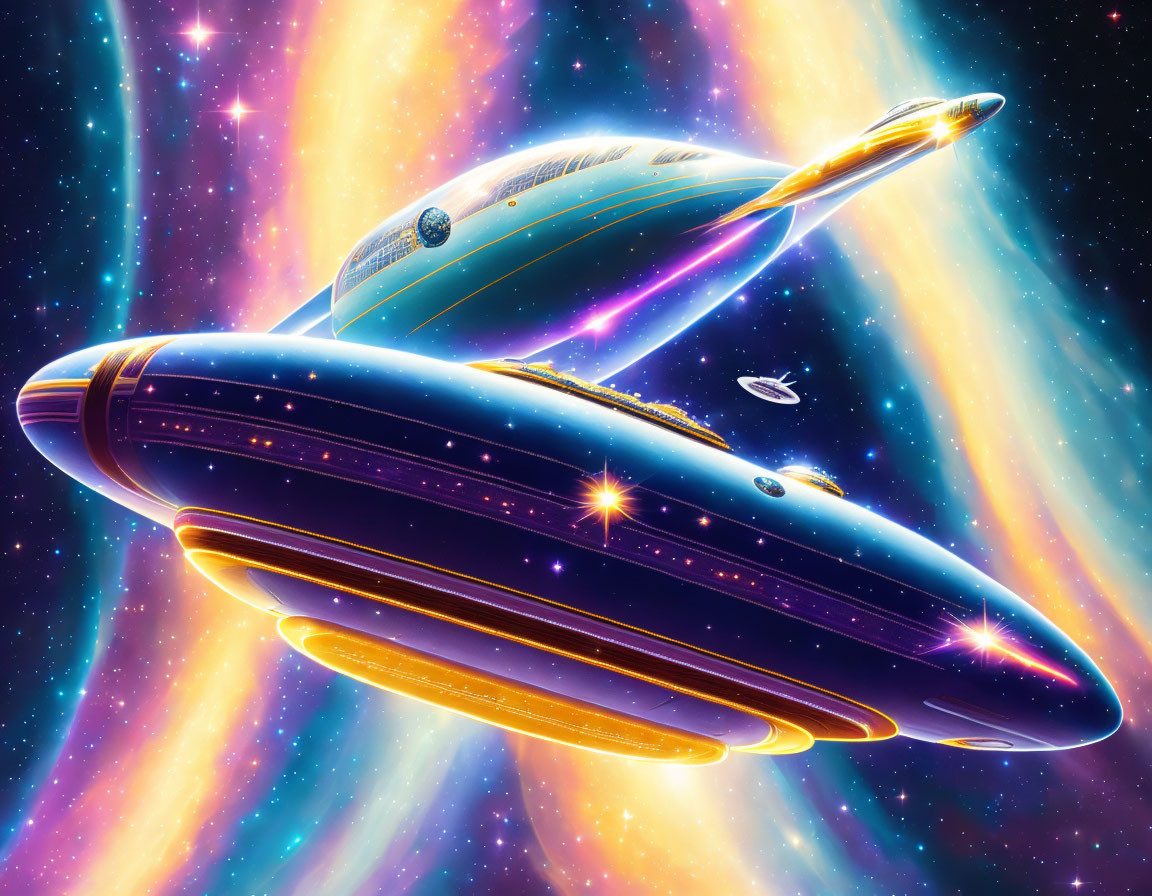 Colorful Nebula Artwork Featuring Futuristic Spacecraft