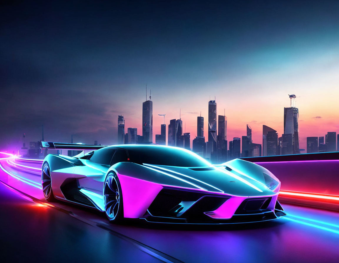 Futuristic car with neon underglow in twilight cityscape