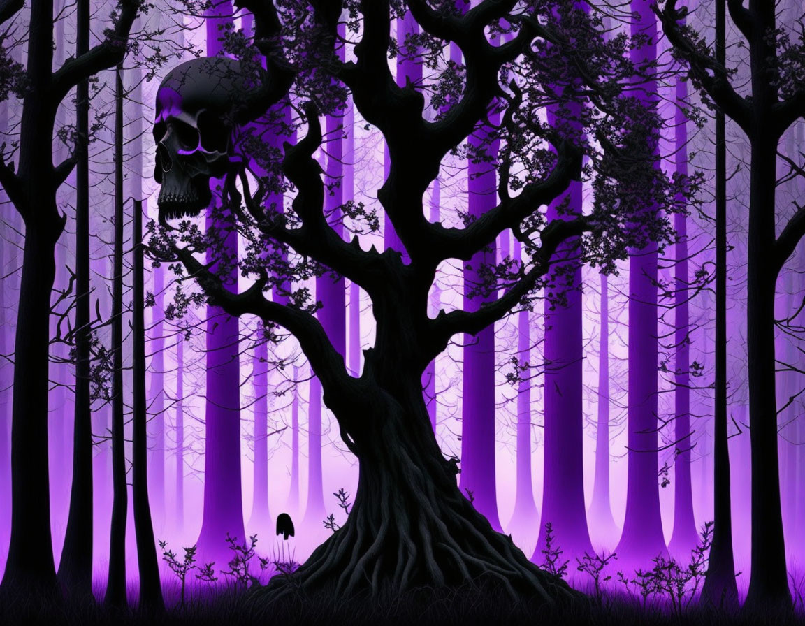 Eerie forest scene with purple fog, skull tree, and shadowy figure