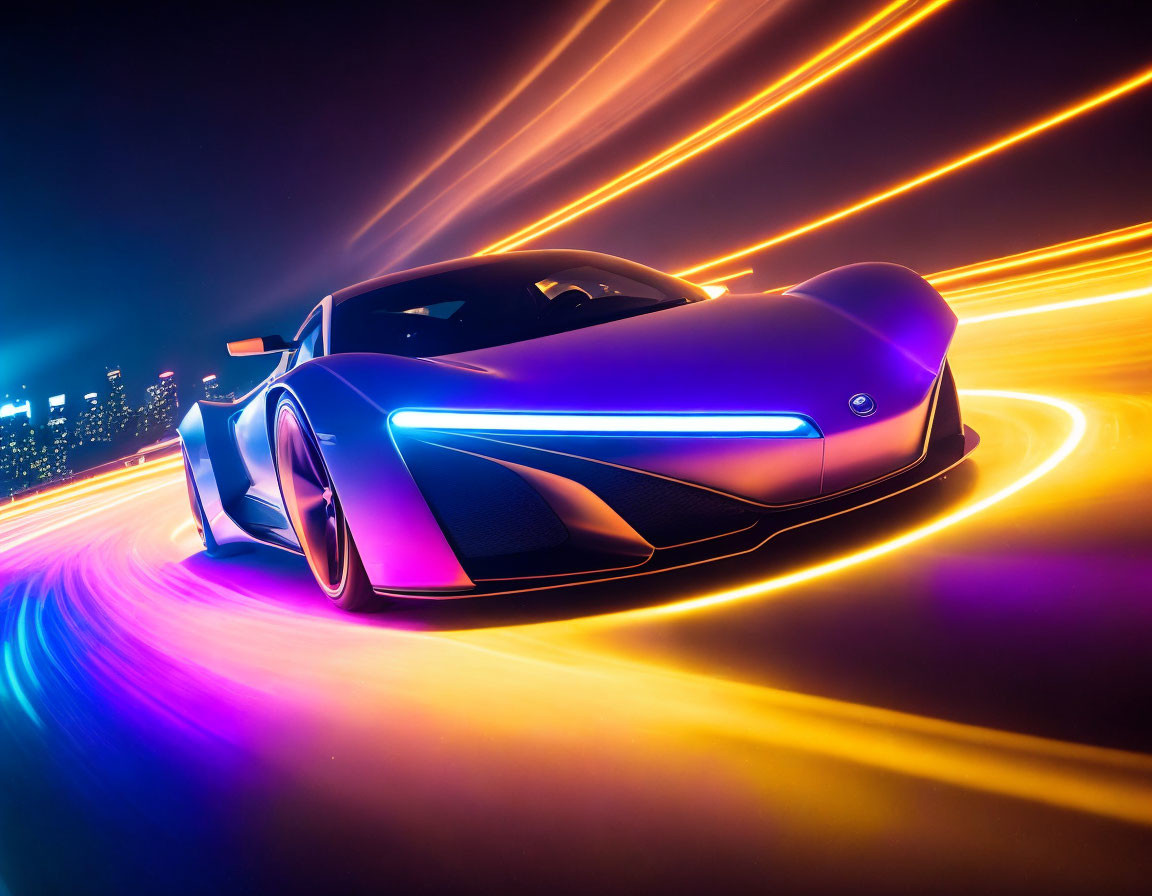 Purple Sports Car with Neon Streaks on Blurred City Background