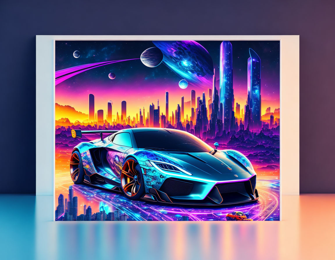 Futuristic blue sports car in vibrant cityscape under alien sky