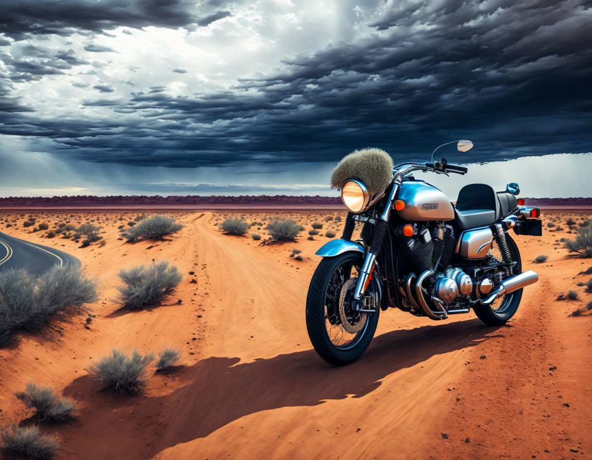 Vintage motorcycle parked in desert storm with winding road