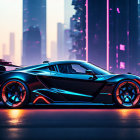 Black sports car with large rear wing against neon-lit cityscape at dusk