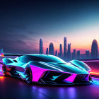 Futuristic car with neon underglow in twilight cityscape