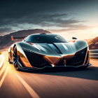 Dynamic design sports car speeds on open road at sunset