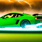 Vibrant green sports car with rear spoiler and lightning bolts in background