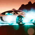 White Sports Car with Rear Spoiler Against Dramatic Sunset and Silhouetted Mountains