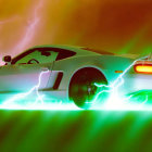 Toy sports car illuminated in green and white light with lightning bolt backdrop.