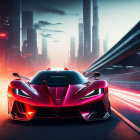 Futuristic cityscape: Red sports car in motion at dusk