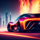 Red Sports Car with Flame Effects in Futuristic City Setting