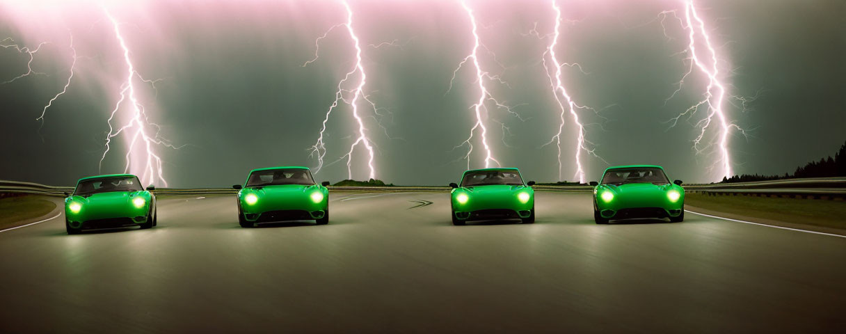 Three Green Cars on Road Amid Lightning Storm