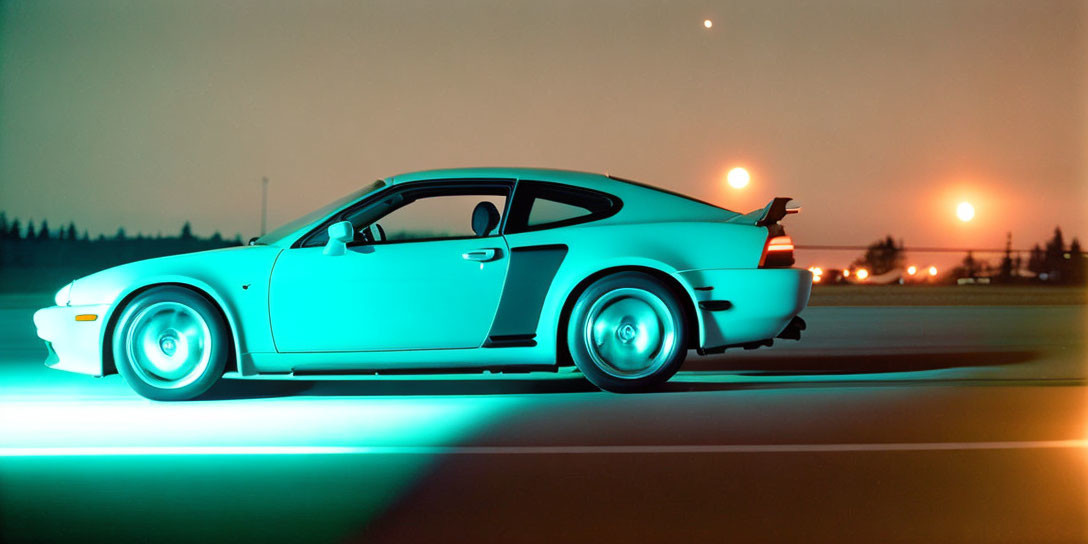 Teal sports car with glowing wheels under twilight sky with two large orbs.