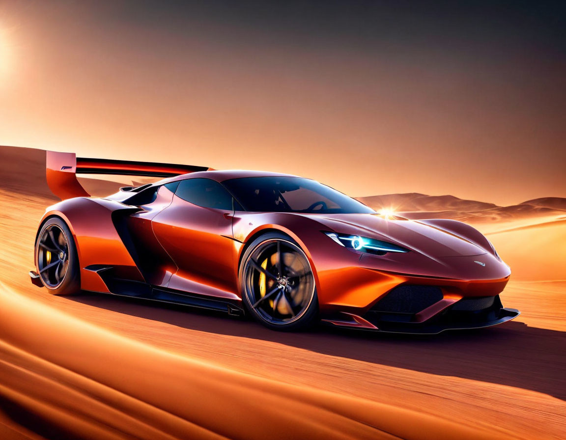 Orange Sports Car with Rear Wing Drives in Desert Sunset